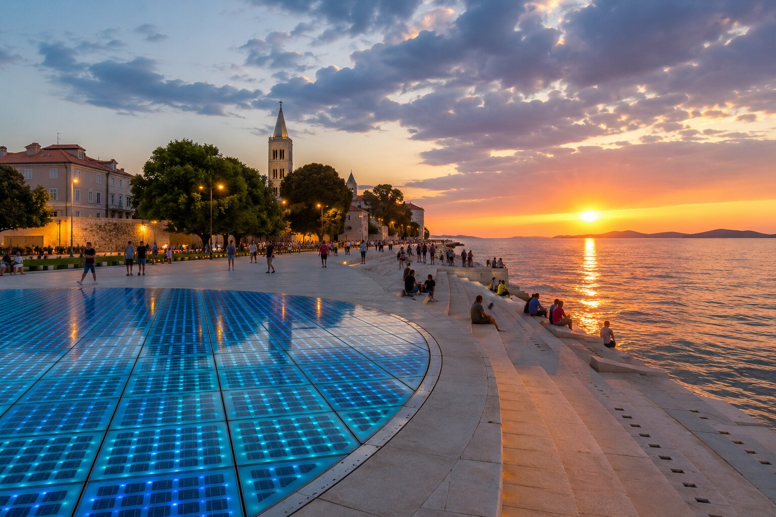 Pozdrav Suncu i zadarska riva pri zalasku sunca